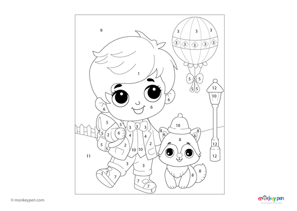 Cheerful boy color by number PDF for kids, free to download—includes numbered sections for coloring his clothes, hair, and background, making learning fun and creative.
