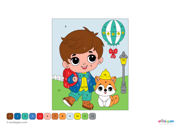 Cheerful boy color by number PDF for kids, free to download—includes numbered sections for coloring his clothes, hair, and background, making learning fun and creative.
