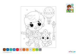 Cheerful boy color by number PDF for kids, free to download—includes numbered sections for coloring his clothes, hair, and background, making learning fun and creative.
