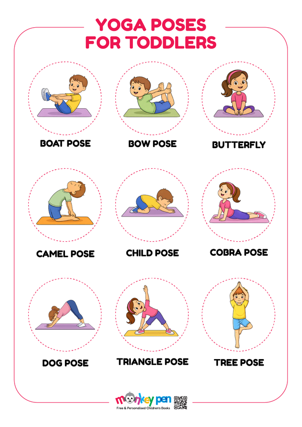 A cheerful Kids Yoga poster showing children doing simple yoga poses such as tree pose and stretch poses, encouraging kids to stay active, relaxed, and healthy.