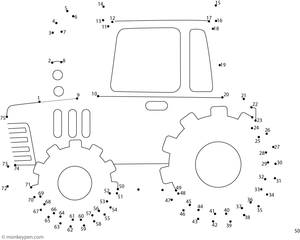 Printable worksheet of a cartoon tractor with wheels for children to connect dots and color.