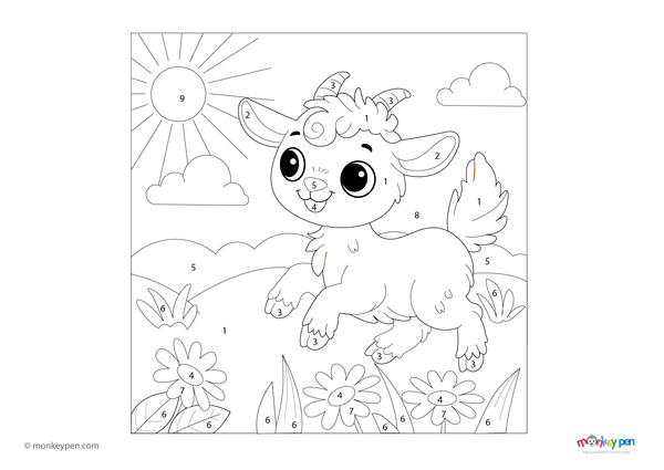 Playful goat in meadow color by number PDF for kids, free to download—features flowers, grass, and a happy farm animal for a creative outdoor-themed coloring activity.

