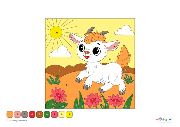 Playful goat in meadow color by number PDF for kids, free to download—features flowers, grass, and a happy farm animal for a creative outdoor-themed coloring activity.
