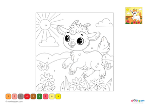Playful goat in meadow color by number PDF for kids, free to download—features flowers, grass, and a happy farm animal for a creative outdoor-themed coloring activity.
