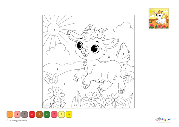 Playful goat in meadow color by number PDF for kids, free to download—features flowers, grass, and a happy farm animal for a creative outdoor-themed coloring activity.
