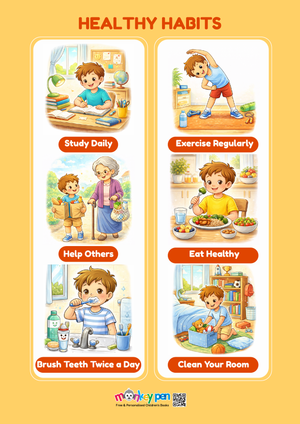 A colourful Good Habit poster showing children keeping surroundings clean to encourage positive habits.