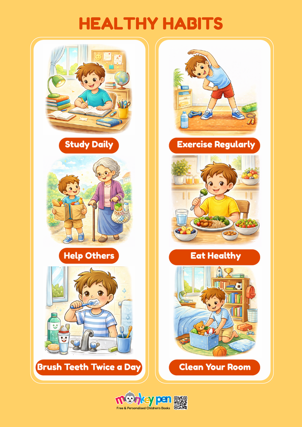 A colourful Good Habit poster showing children keeping surroundings clean to encourage positive habits.