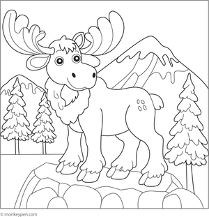 Colouring page of a moose standing on a mountain trail surrounded by trees, rocks, and distant peaks, fun outdoor scene for kids.