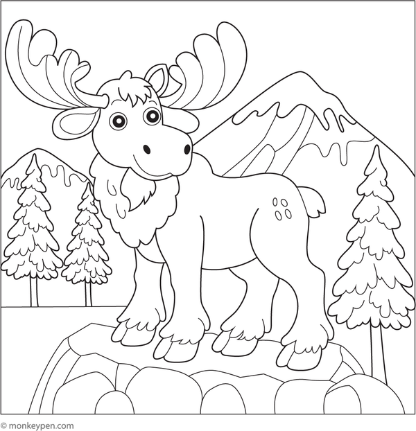 Colouring page of a moose standing on a mountain trail surrounded by trees, rocks, and distant peaks, fun outdoor scene for kids.