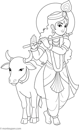 Krishna Playing Flute Coloring Page