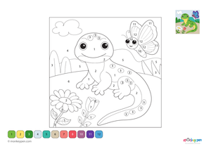 Lizard in a colorful garden color by number PDF for kids, free to download—includes numbered sections for the lizard and plants, combining nature learning with creative fun.