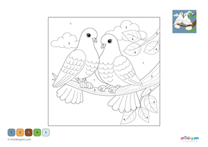 Pair of doves color by number PDF for kids, free to download—includes numbered sections for feathers, wings, and a calm background, blending peaceful imagery with early learning.
