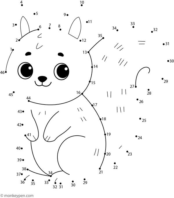 Printable dot-to-dot activity of a cartoon squirrel with a fluffy tail for children to connect and color.