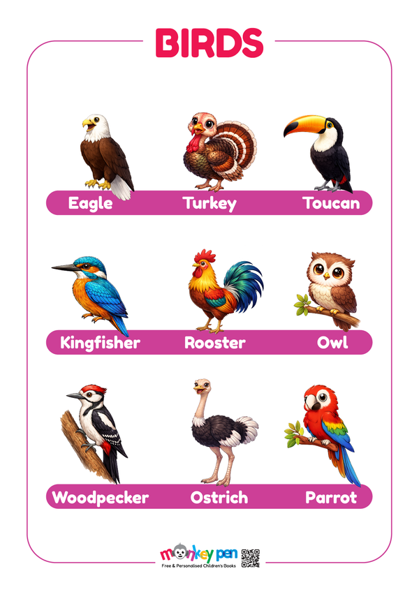 A colourful Bird Names poster showing birds with labels, helping children recognise different birds.