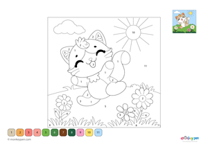 Adorable kitten color by number PDF for kids, free to download—features a playful cat with numbered sections for fur and surroundings, ideal for young animal lovers.
