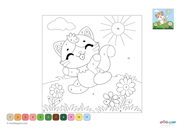 Adorable kitten color by number PDF for kids, free to download—features a playful cat with numbered sections for fur and surroundings, ideal for young animal lovers.

