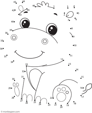 Printable dot-to-dot of a cute baby hippo for children to connect and color.