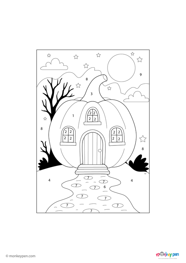 Whimsical pumpkin house color by number PDF for kids, free to download—features a festive autumn scene with numbered sections for coloring windows, doors, and fall surroundings.
