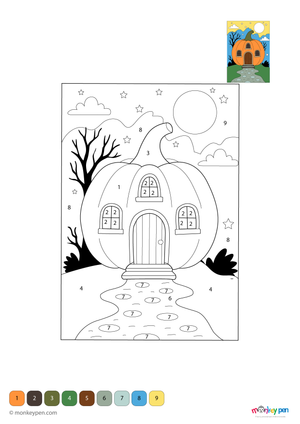 Whimsical pumpkin house color by number PDF for kids, free to download—features a festive autumn scene with numbered sections for coloring windows, doors, and fall surroundings.
