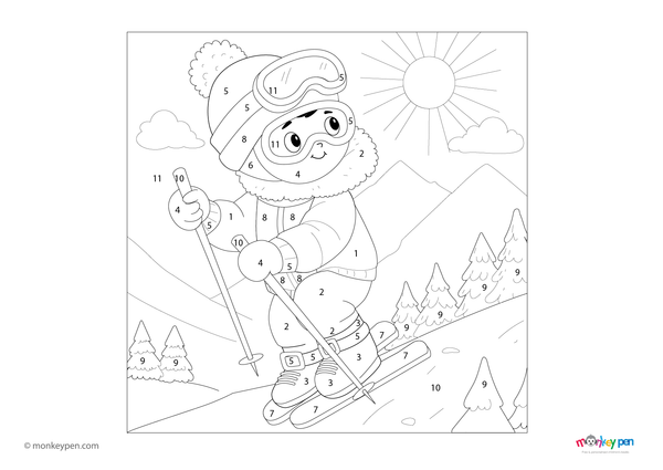 Free downloadable sky mountaineering color by number PDF for kids, featuring climbers scaling mountains among the clouds—perfect for creative learning and adventure-themed fun.
