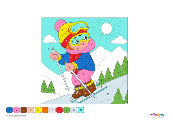 Free downloadable sky mountaineering color by number PDF for kids, featuring climbers scaling mountains among the clouds—perfect for creative learning and adventure-themed fun.
