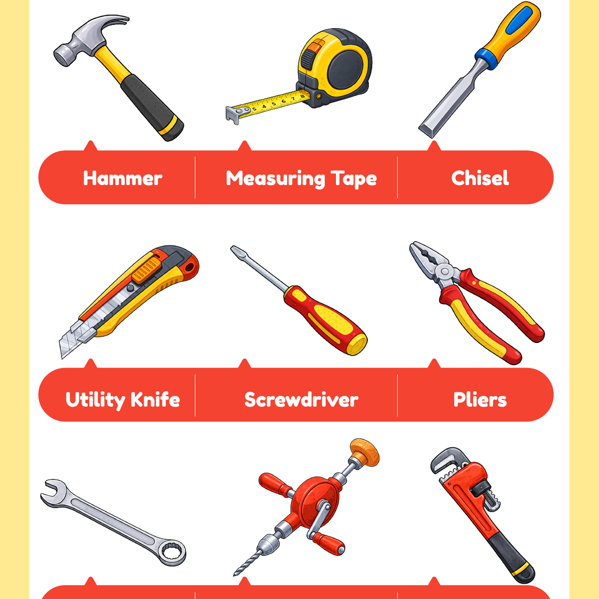 Hand Tools Educational Poster for Children – Printable Learning Chart