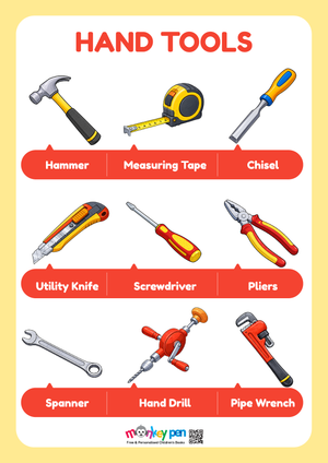 A colorful Hand Tools poster displaying hammer, screwdriver, pliers, and wrench with labels, helping children recognize and learn about common tools used in building and repairs.  