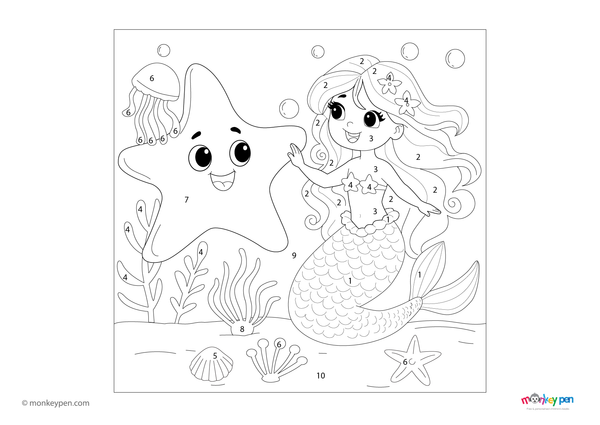Enchanting starfish and mermaid color by number PDF for kids, free to download—features underwater elements with numbered sections for a fun and imaginative coloring experience.

