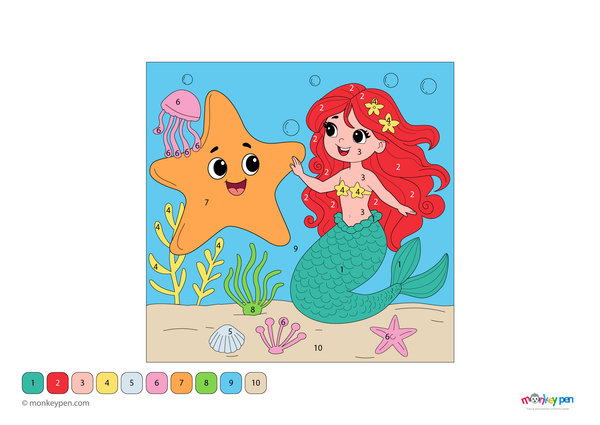 Enchanting starfish and mermaid color by number PDF for kids, free to download—features underwater elements with numbered sections for a fun and imaginative coloring experience.
