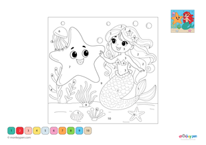 Enchanting starfish and mermaid color by number PDF for kids, free to download—features underwater elements with numbered sections for a fun and imaginative coloring experience.