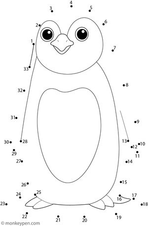 Printable dot-to-dot of a cartoon penguin for children to connect and color.