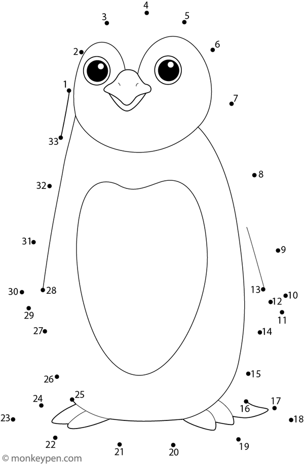 Printable dot-to-dot of a cartoon penguin for children to connect and color.