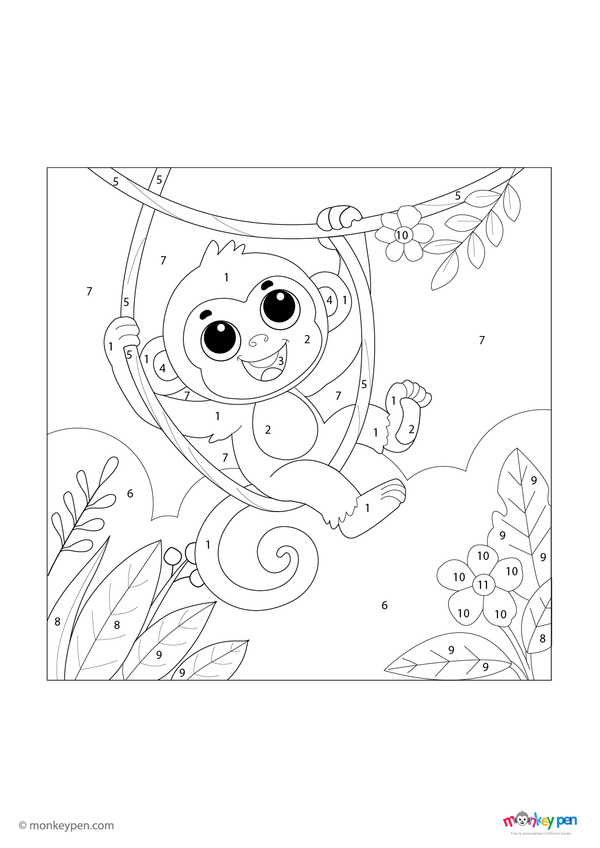 Playful swinging monkey color by number PDF, free to download for kids—includes numbered sections for fur, tail, and jungle background, blending fun with early learning skills.
