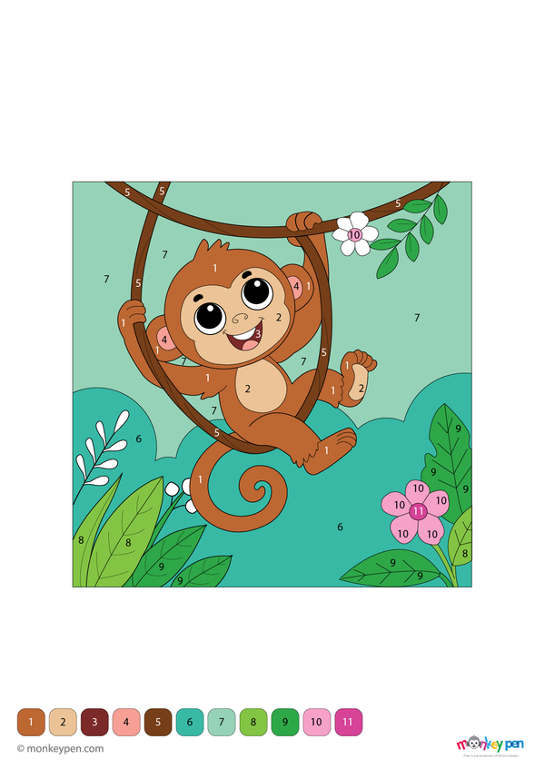 Playful swinging monkey color by number PDF, free to download for kids—includes numbered sections for fur, tail, and jungle background, blending fun with early learning skills.
