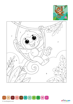 Playful swinging monkey color by number PDF, free to download for kids—includes numbered sections for fur, tail, and jungle background, blending fun with early learning skills.
