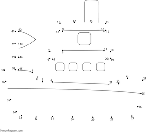 Printable dot-to-dot of a cartoon ship with sails for children to connect and color.