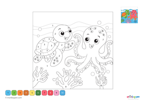 Free downloadable ocean-themed color by number PDF for kids, featuring a turtle and octopus to color by numbers—perfect for creative learning about marine life.


