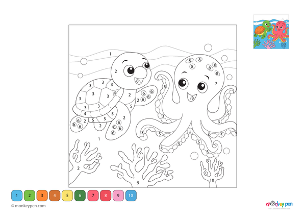 Free downloadable ocean-themed color by number PDF for kids, featuring a turtle and octopus to color by numbers—perfect for creative learning about marine life.


