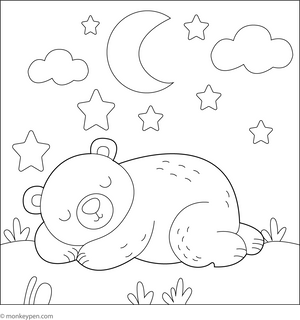 Bear Sleeping Under the Stars Coloring Page