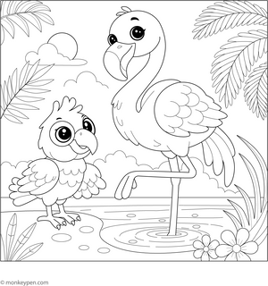 Flamingo with a Parrot Companion Coloring Page