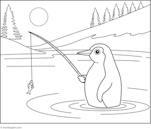 Fishing Penguin Coloring Page