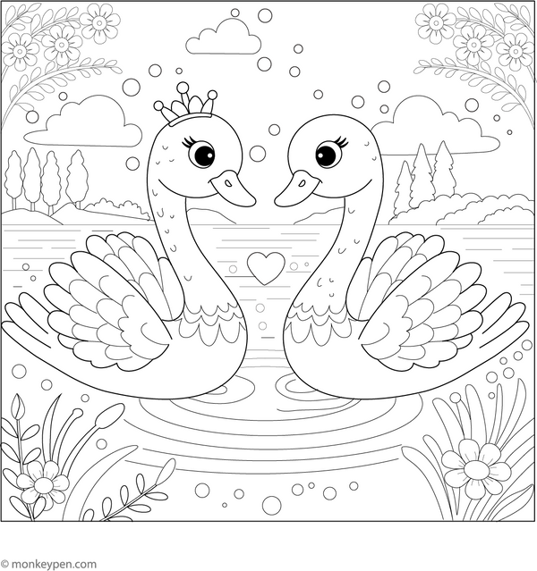 Swans Making a Heart Shape Coloring Page – fun and educational printable for children