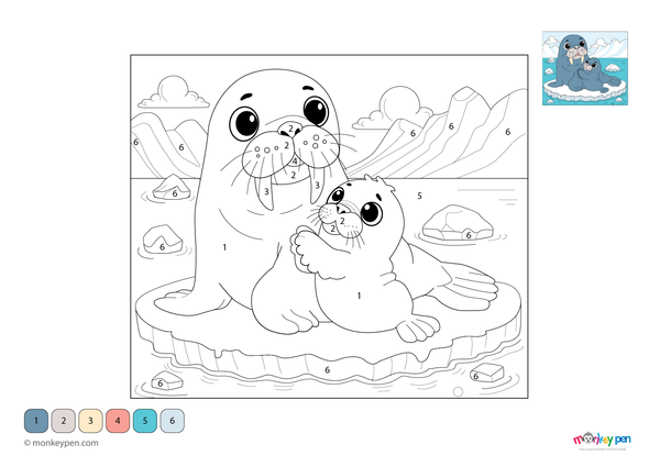 Downloadable walrus family color by number PDF for kids, showing Arctic animals on a snowy shore—fun and free to download for learning numbers and colors creatively.
