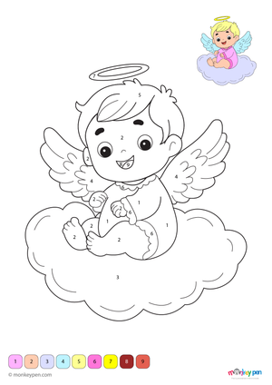 Adorable baby angel color by number PDF for kids to download free, featuring a sweet angel with wings and halo—perfect for a peaceful and creative coloring experience.
