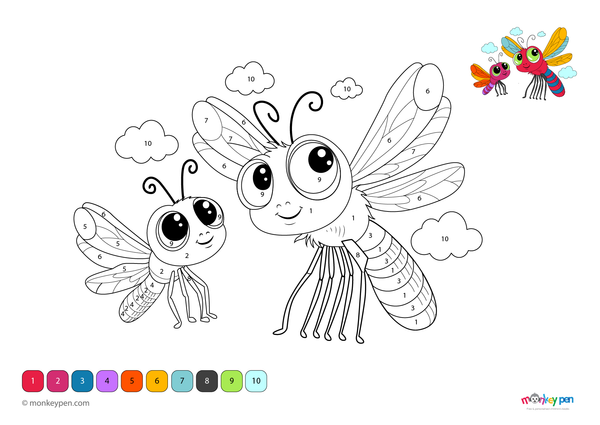Downloadable dragonfly color by number worksheet for kids, featuring a free PDF with numbered sections to color delicate wings and plants – a fun, nature-inspired learning activity.