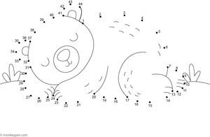Dot-to-dot worksheet of a cartoon sleeping bear for children to connect and colour.
