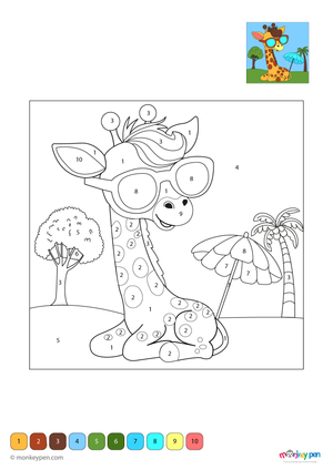 Free downloadable giraffe color by number PDF for kids, featuring numbered sections to color its long neck, legs, and spots—an educational and fun savannah-themed activity.