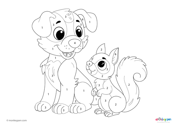 Color by number PDF featuring a playful puppy and curious squirrel, free to download—includes numbered sections for fur, tail, and forest background, perfect for animal-loving kids.
