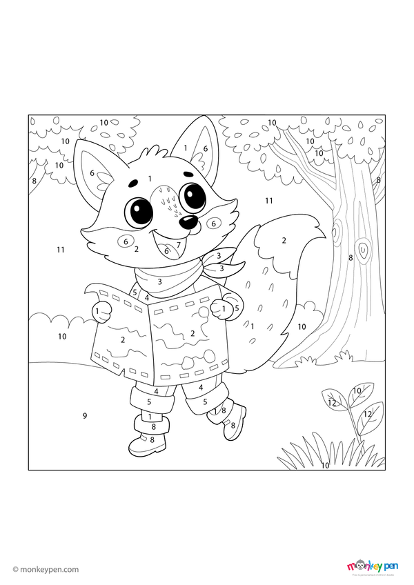 Clever fox color by number PDF for kids, free to download—features numbered sections for fur, tail, and forest background, perfect for learning through wildlife-themed coloring.
