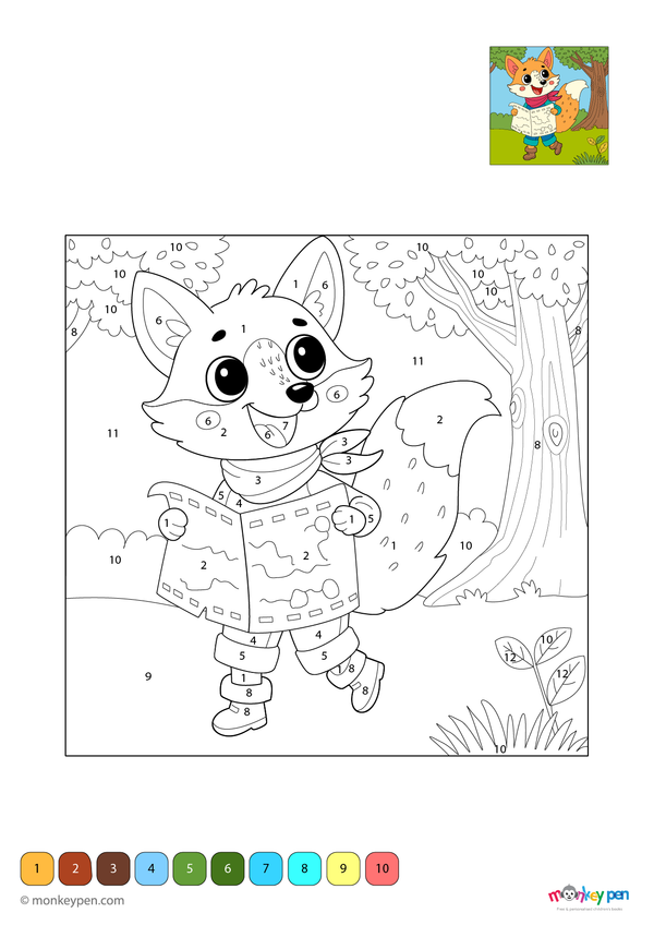 Clever fox color by number PDF for kids, free to download—features numbered sections for fur, tail, and forest background, perfect for learning through wildlife-themed coloring.
